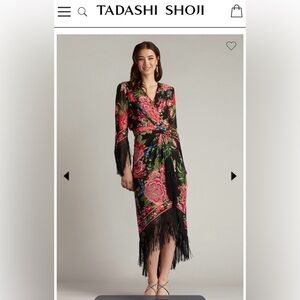 Tadashi Shoji Floral Wrap with Fringe Midi Dress